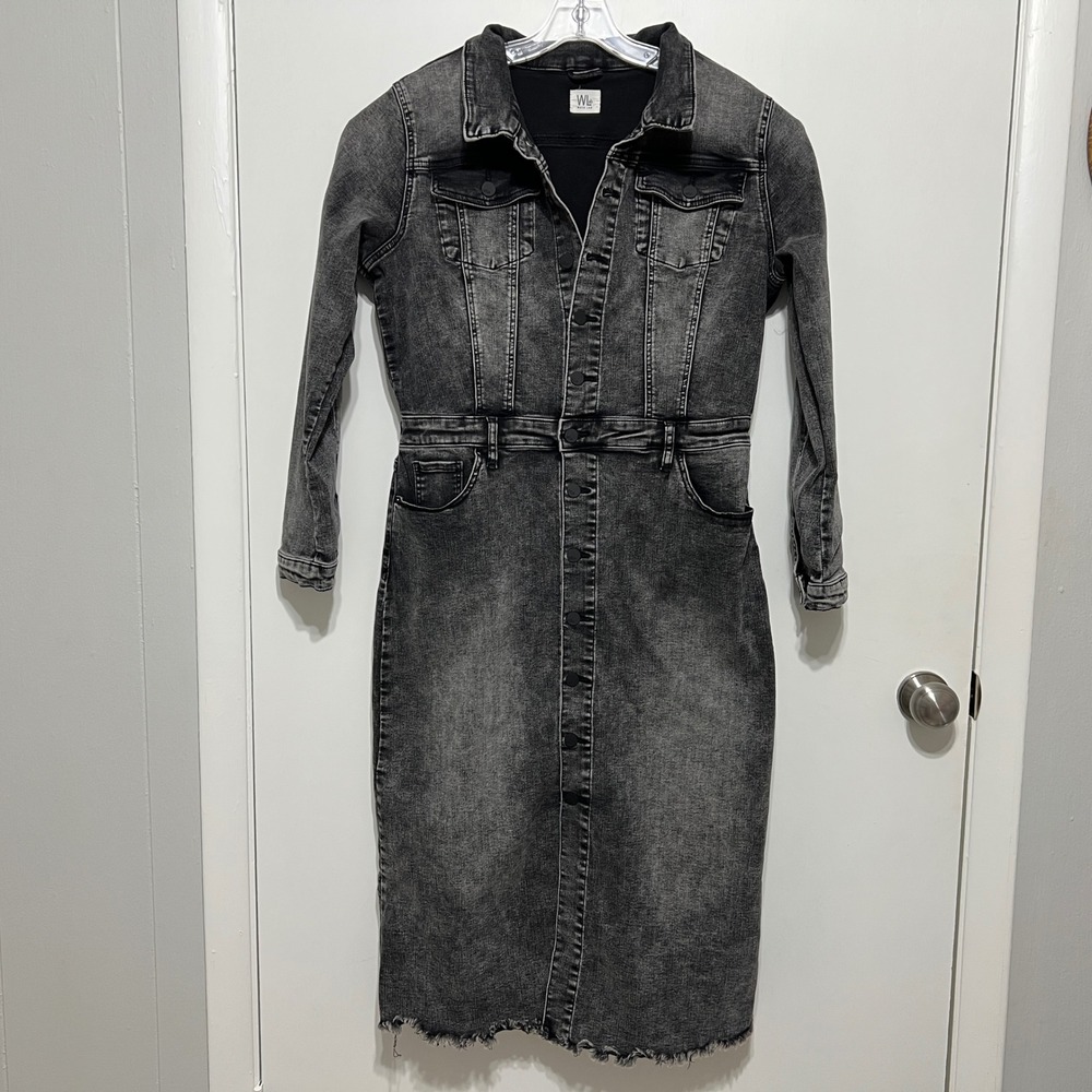 Wash Lab Grey Denim Button Down Dress Size L Collared Pockets Frayed Midi Maxi